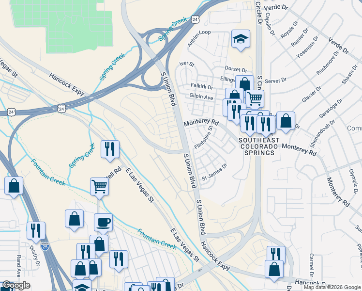 map of restaurants, bars, coffee shops, grocery stores, and more near 1834 Final View Alley in Colorado Springs
