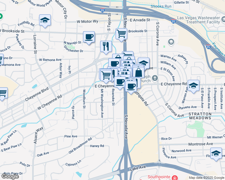 map of restaurants, bars, coffee shops, grocery stores, and more near 113 East Cheyenne Road in Colorado Springs