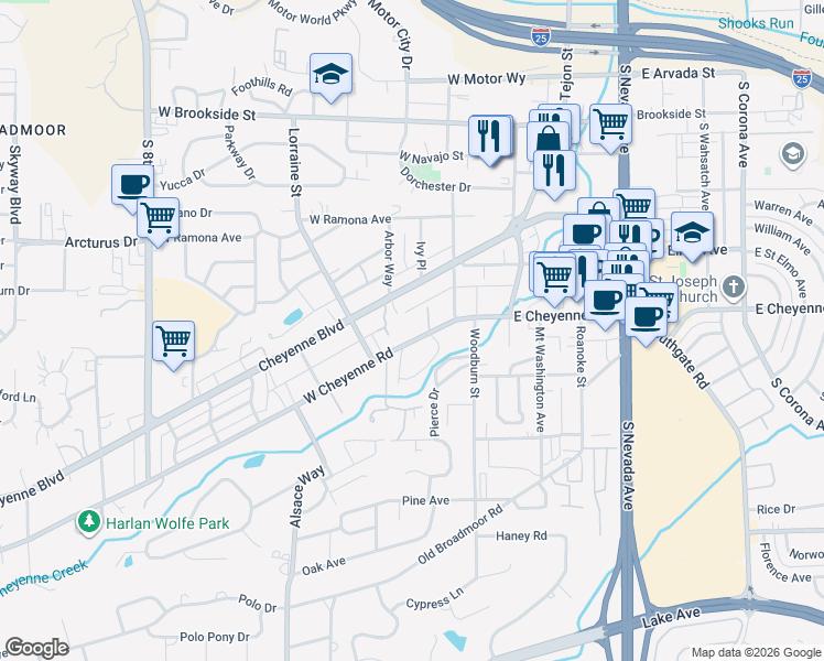 map of restaurants, bars, coffee shops, grocery stores, and more near 200 Cheyenne Boulevard in Colorado Springs