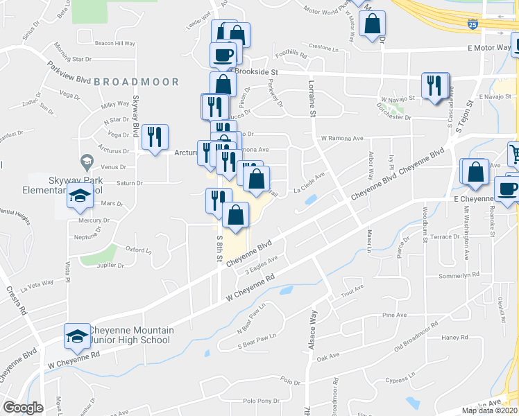 map of restaurants, bars, coffee shops, grocery stores, and more near 504 La Clede Avenue in Colorado Springs