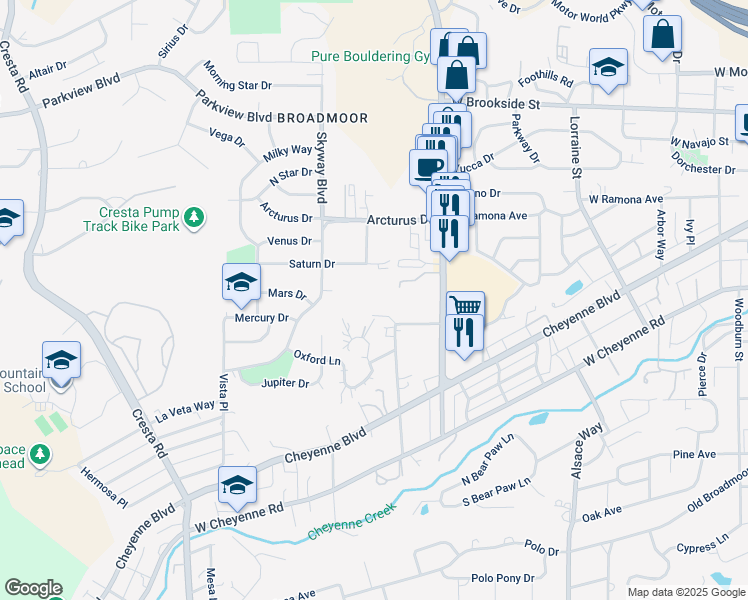 map of restaurants, bars, coffee shops, grocery stores, and more near 864 Oxford Lane in Colorado Springs