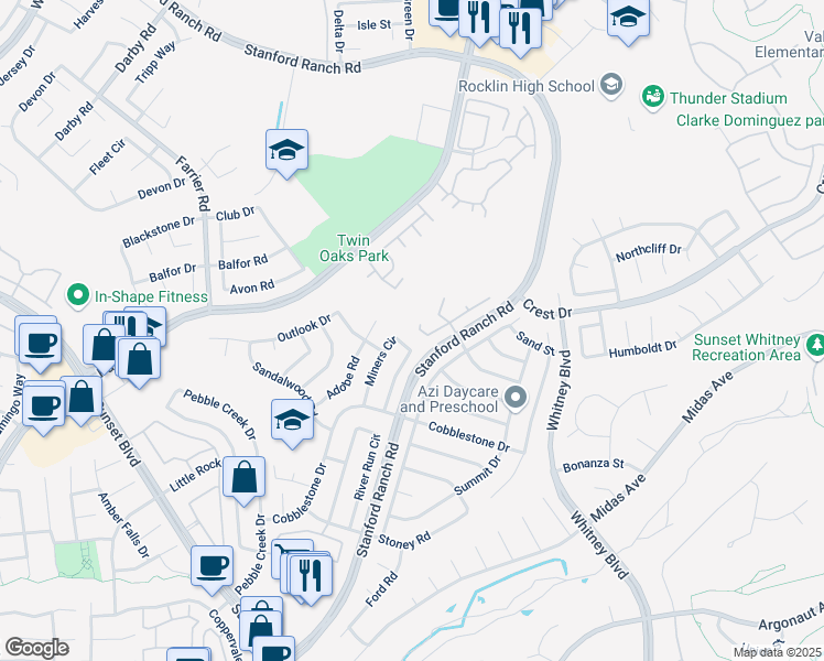 map of restaurants, bars, coffee shops, grocery stores, and more near 5633 Grand View Court in Rocklin