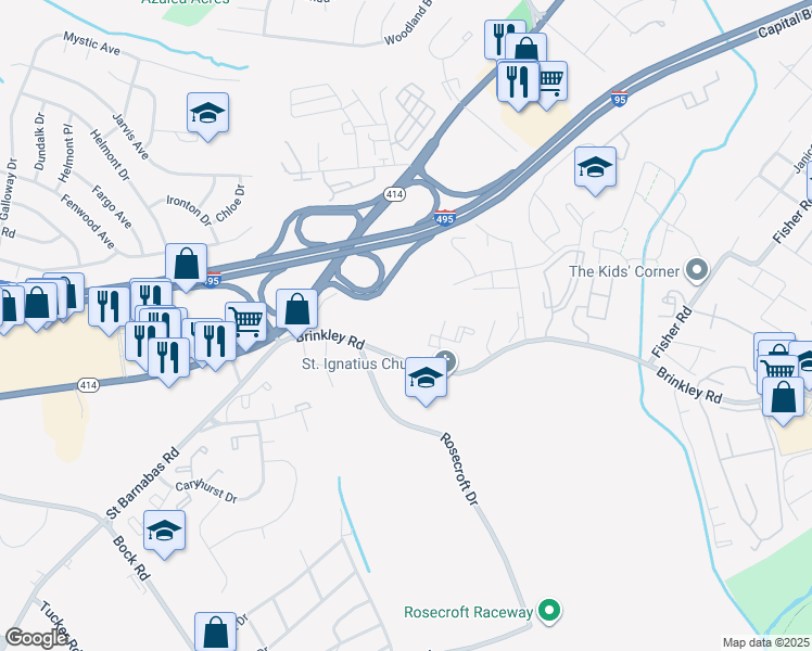 map of restaurants, bars, coffee shops, grocery stores, and more near 2300 Brinkley Rd in Fort Washington