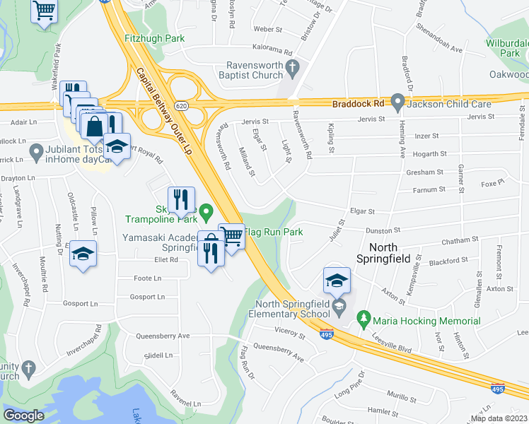 map of restaurants, bars, coffee shops, grocery stores, and more near 5308 Ravensworth Road in Springfield