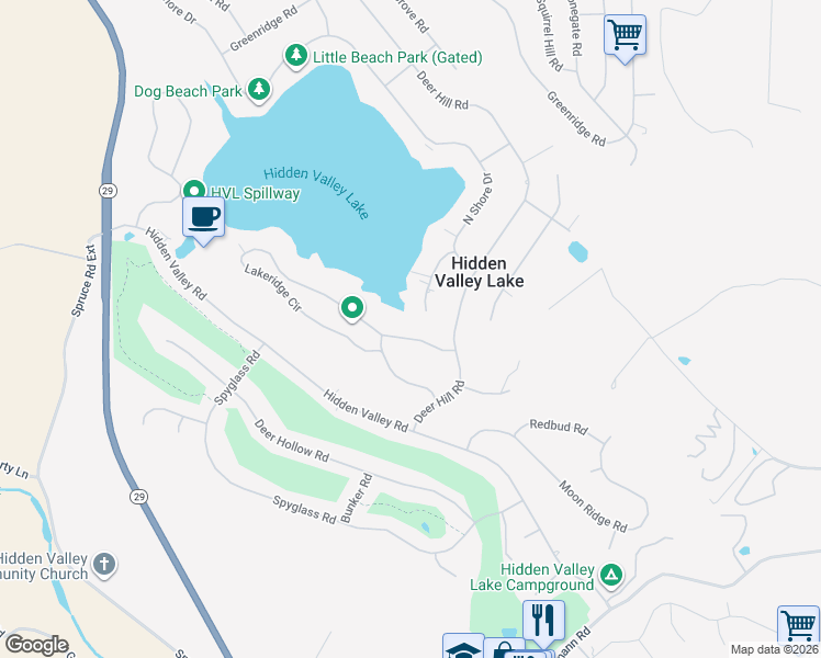 map of restaurants, bars, coffee shops, grocery stores, and more near 18750 East Ridge View Drive in Hidden Valley Lake