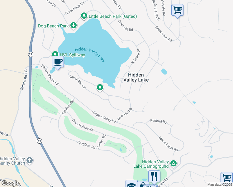 map of restaurants, bars, coffee shops, grocery stores, and more near 18750 East Ridge View Drive in Hidden Valley Lake