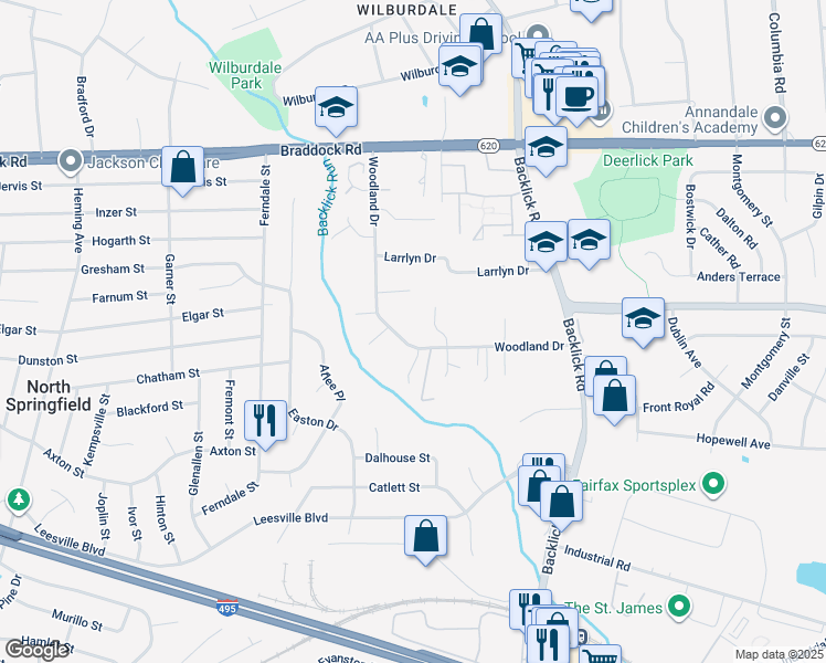map of restaurants, bars, coffee shops, grocery stores, and more near 7112 Woodland Drive in Springfield