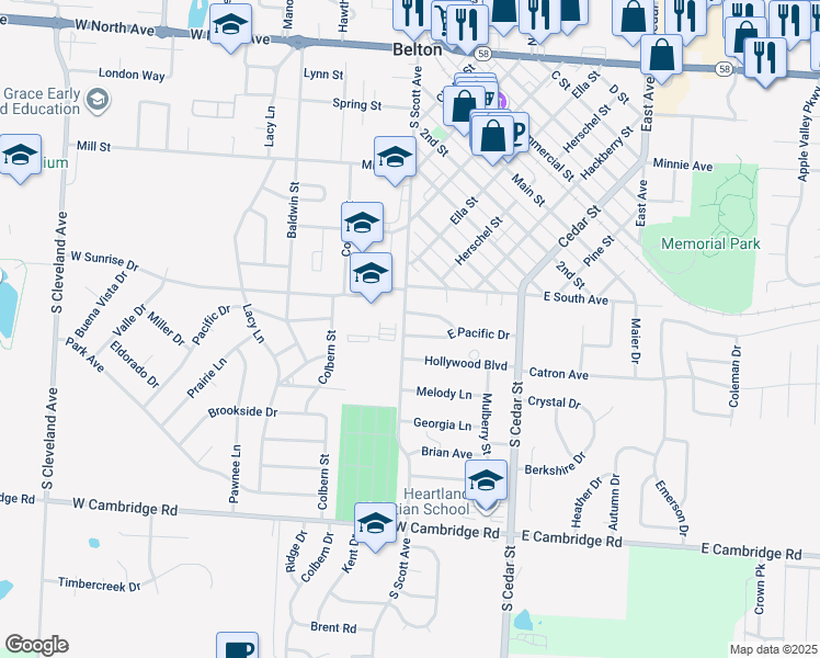 map of restaurants, bars, coffee shops, grocery stores, and more near 113 East Sunrise Drive in Belton
