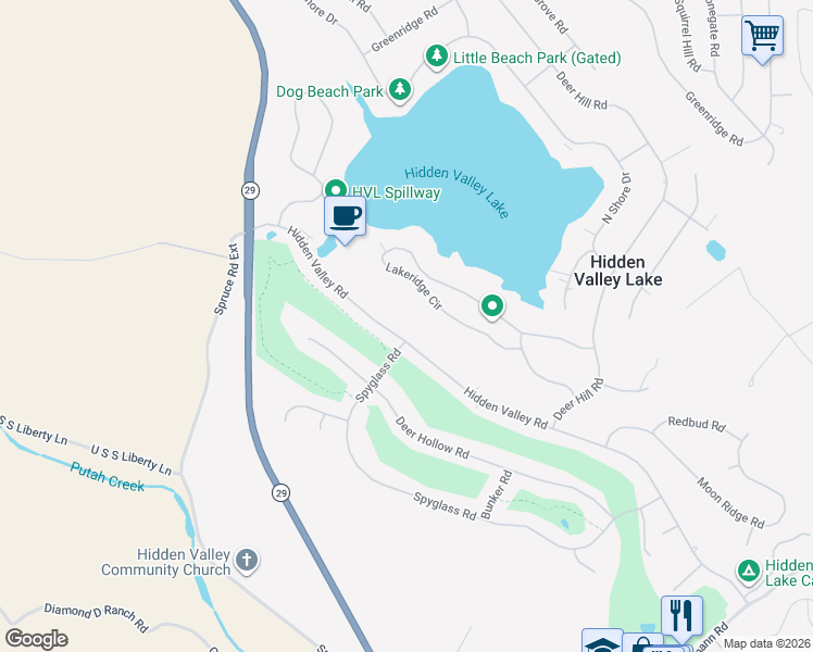 map of restaurants, bars, coffee shops, grocery stores, and more near 18360 Hidden Valley Road in Hidden Valley Lake