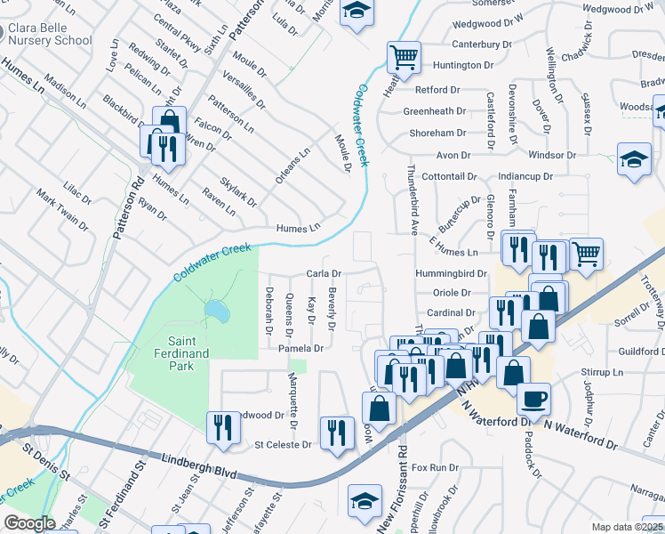 map of restaurants, bars, coffee shops, grocery stores, and more near 1275 Carla Drive in Florissant