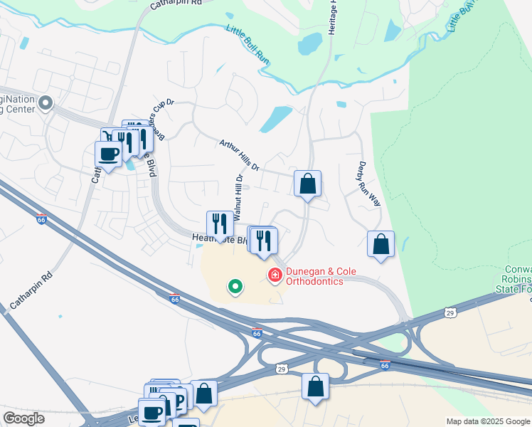 map of restaurants, bars, coffee shops, grocery stores, and more near 6939 Cumberstone Place in Gainesville