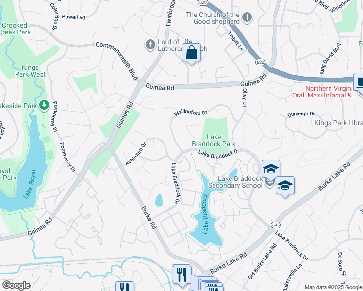 map of restaurants, bars, coffee shops, grocery stores, and more near 9533 Wallingford Drive in Burke