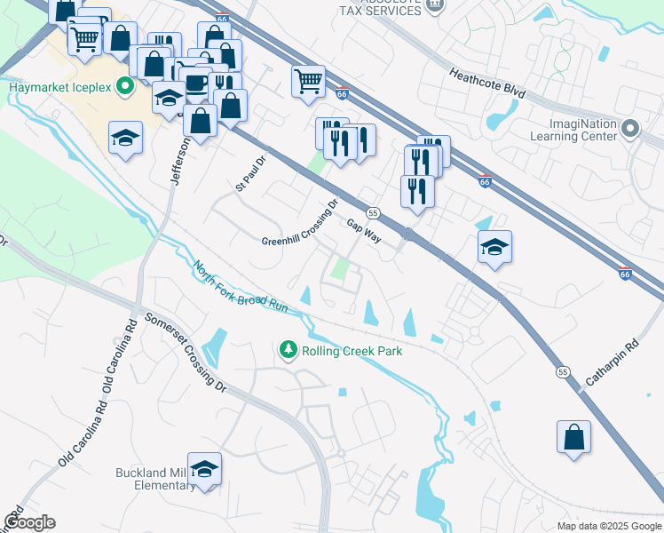 map of restaurants, bars, coffee shops, grocery stores, and more near 6985 Rogue Forest Lane in Gainesville