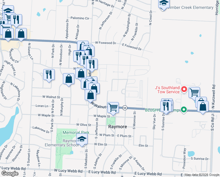 map of restaurants, bars, coffee shops, grocery stores, and more near 213 North Pointe Lane in Raymore
