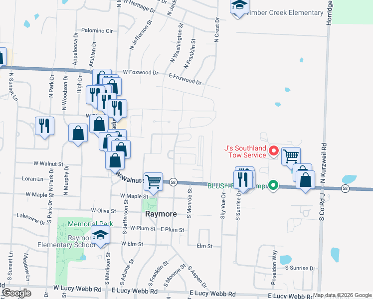 map of restaurants, bars, coffee shops, grocery stores, and more near 225 Jenny Lane in Raymore