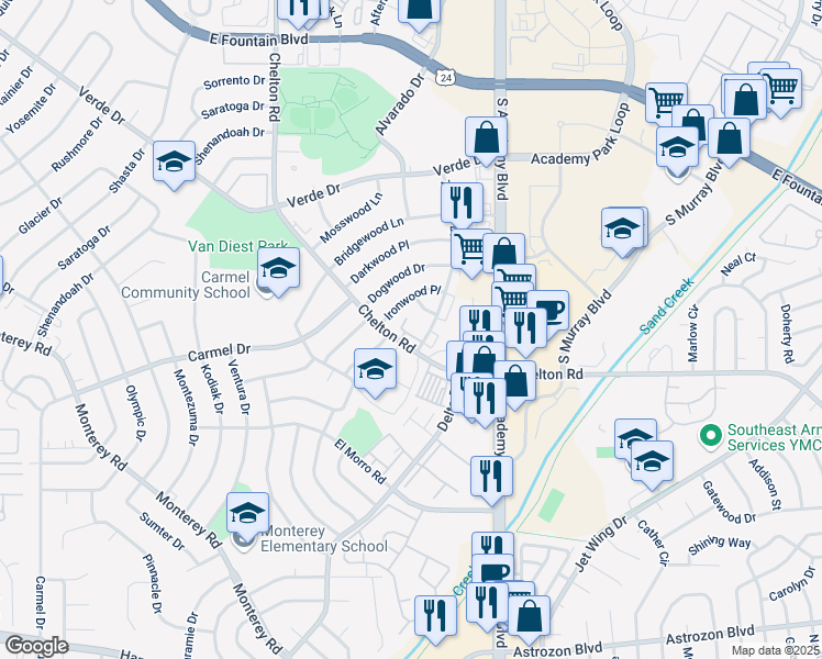 map of restaurants, bars, coffee shops, grocery stores, and more near 1850 Zebulon Drive in Colorado Springs