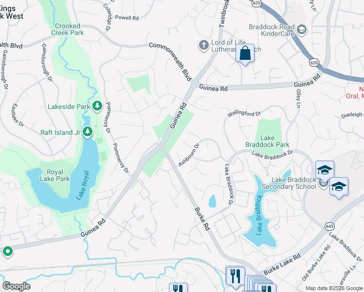 map of restaurants, bars, coffee shops, grocery stores, and more near 5304 Greenough Place in Burke