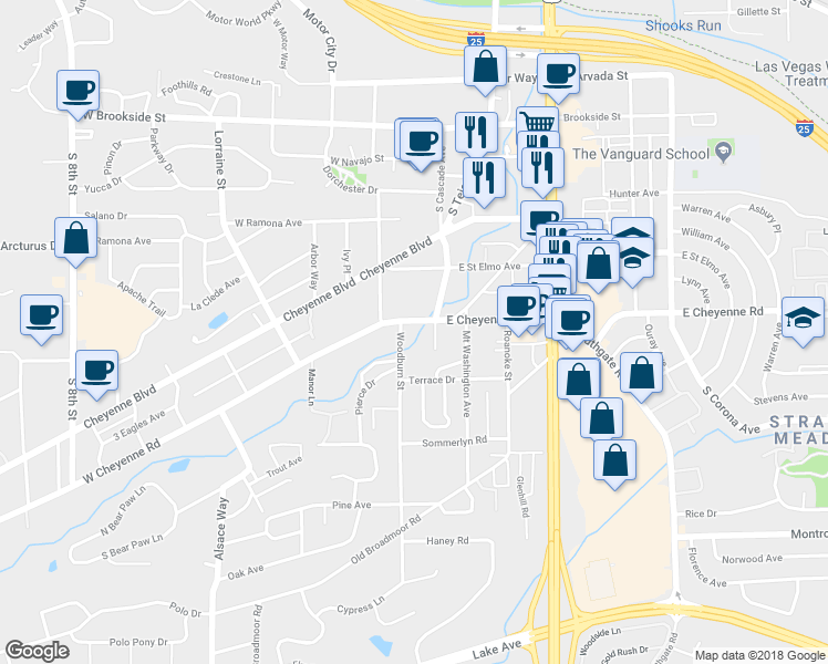 map of restaurants, bars, coffee shops, grocery stores, and more near 15 West Cheyenne Road in Colorado Springs