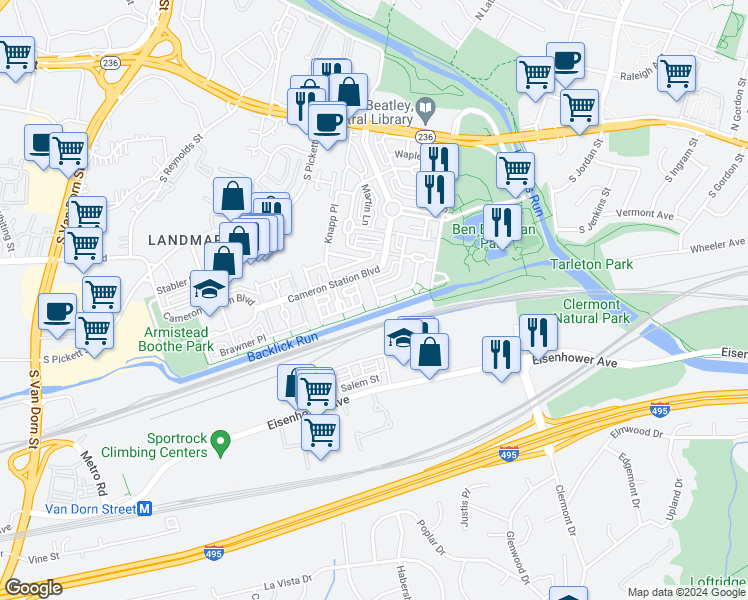map of restaurants, bars, coffee shops, grocery stores, and more near 5027 Murtha Street in Alexandria