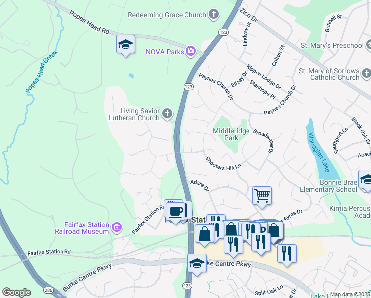 map of restaurants, bars, coffee shops, grocery stores, and more near 10922 Middlegate Drive in Fairfax