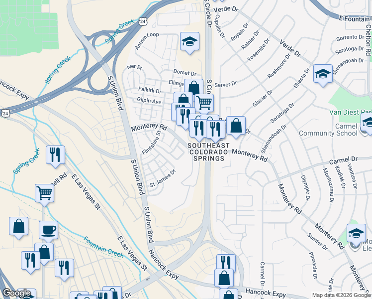 map of restaurants, bars, coffee shops, grocery stores, and more near 1647 Monterey Road in Colorado Springs