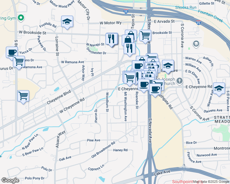 map of restaurants, bars, coffee shops, grocery stores, and more near 15 West Cheyenne Road in Colorado Springs
