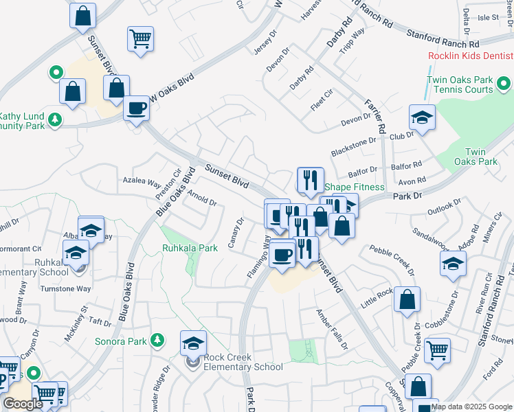 map of restaurants, bars, coffee shops, grocery stores, and more near 1903 Sammy Way in Rocklin