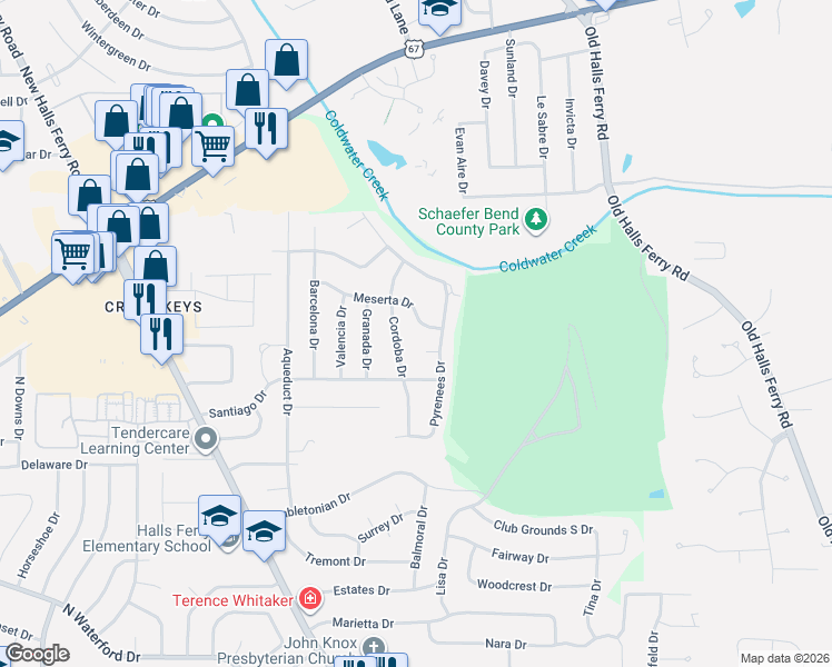 map of restaurants, bars, coffee shops, grocery stores, and more near 2065 Pyrenees Drive in Florissant