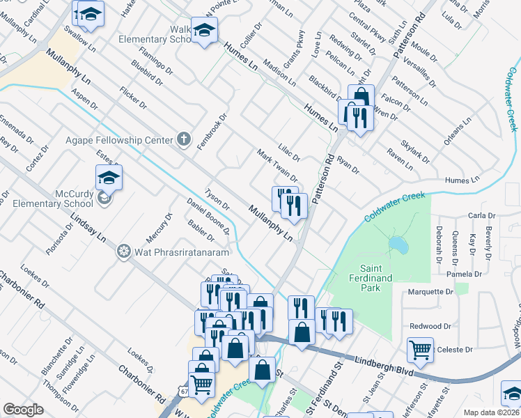 map of restaurants, bars, coffee shops, grocery stores, and more near 690 Crowder Drive in Florissant