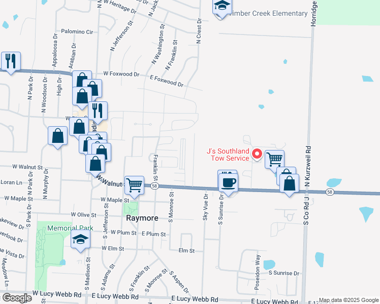 map of restaurants, bars, coffee shops, grocery stores, and more near 200 North Crest Drive in Raymore