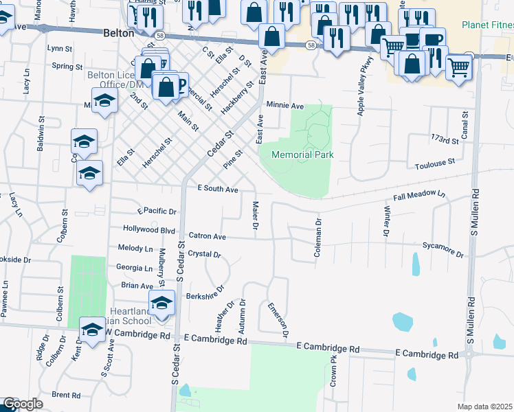 map of restaurants, bars, coffee shops, grocery stores, and more near 504 Emerson Drive in Belton