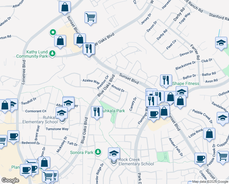 map of restaurants, bars, coffee shops, grocery stores, and more near 6255 Arctic Loon Way in Rocklin