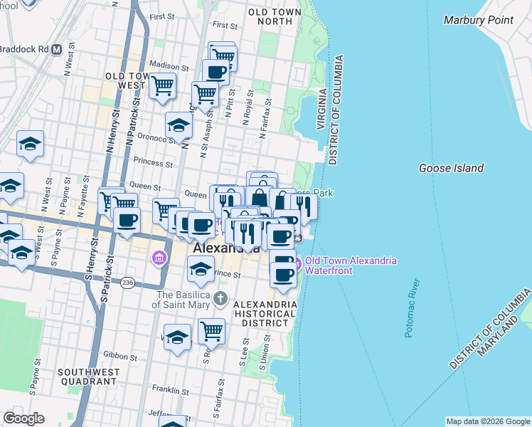 map of restaurants, bars, coffee shops, grocery stores, and more near 220 North Lee Street in Alexandria