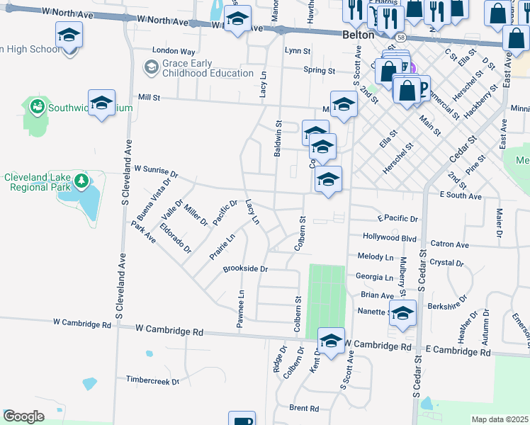 map of restaurants, bars, coffee shops, grocery stores, and more near 303 Pacific Drive in Belton