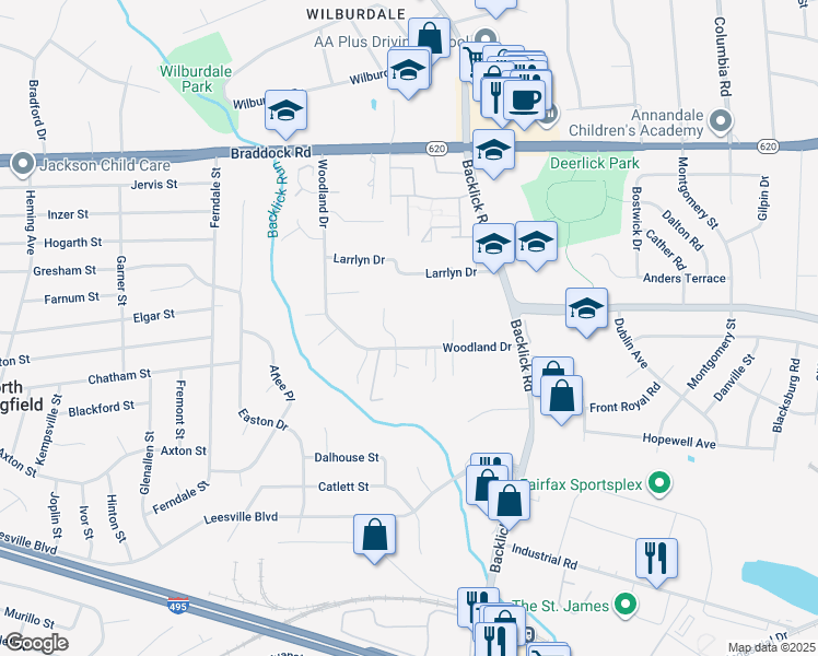map of restaurants, bars, coffee shops, grocery stores, and more near 7024 Woodland Drive in Springfield