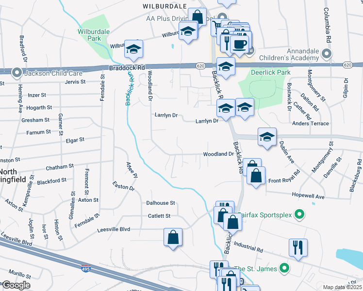 map of restaurants, bars, coffee shops, grocery stores, and more near 5307 Woodland Estates Way in Springfield