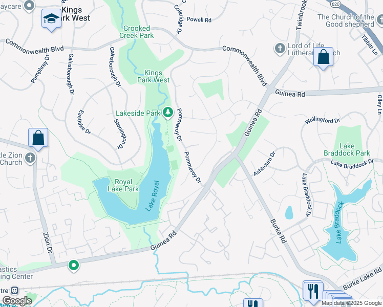 map of restaurants, bars, coffee shops, grocery stores, and more near 5239 Pommeroy Drive in Fairfax