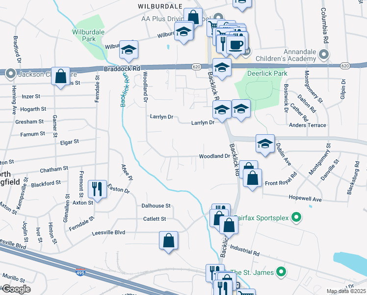 map of restaurants, bars, coffee shops, grocery stores, and more near 7024 Woodland Drive in Springfield