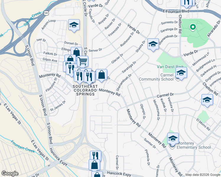 map of restaurants, bars, coffee shops, grocery stores, and more near 1806 Monterey Road in Colorado Springs