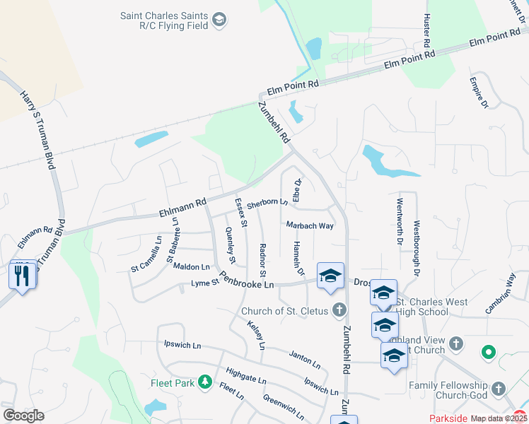 map of restaurants, bars, coffee shops, grocery stores, and more near 2771 Sherborn Lane in Saint Charles