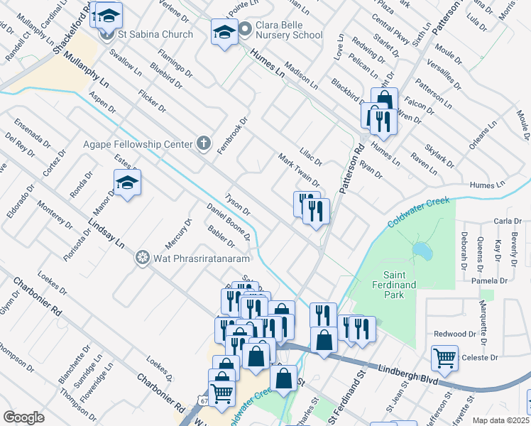 map of restaurants, bars, coffee shops, grocery stores, and more near 740 Mullanphy Road in Florissant