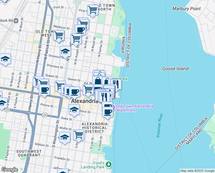 map of restaurants, bars, coffee shops, grocery stores, and more near 104 Queen Street in Alexandria
