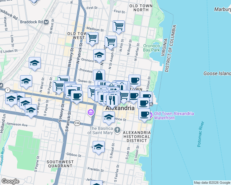 map of restaurants, bars, coffee shops, grocery stores, and more near 207 North Pitt Street in Alexandria