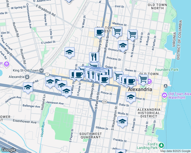 map of restaurants, bars, coffee shops, grocery stores, and more near 1010 Cameron Street in Alexandria