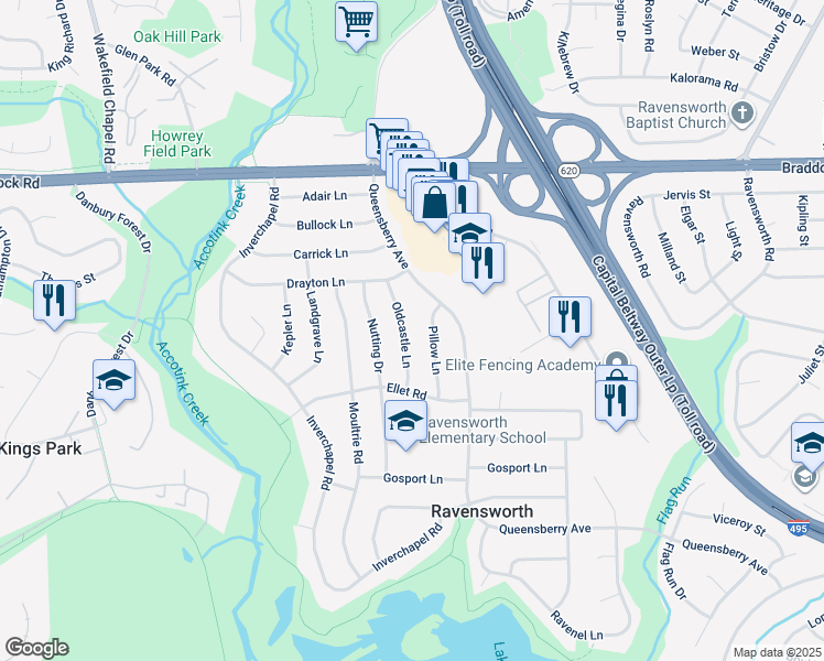 map of restaurants, bars, coffee shops, grocery stores, and more near 5303 Oldcastle Lane in Springfield