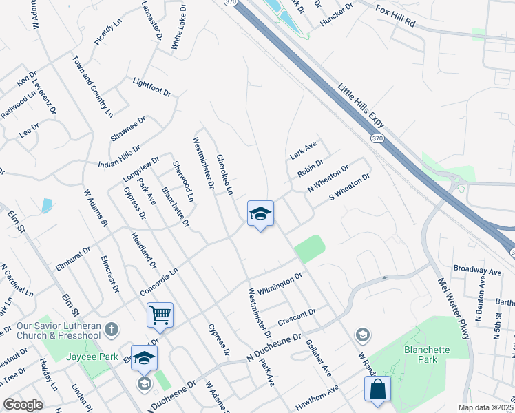 map of restaurants, bars, coffee shops, grocery stores, and more near 1013 Concordia Lane in Saint Charles