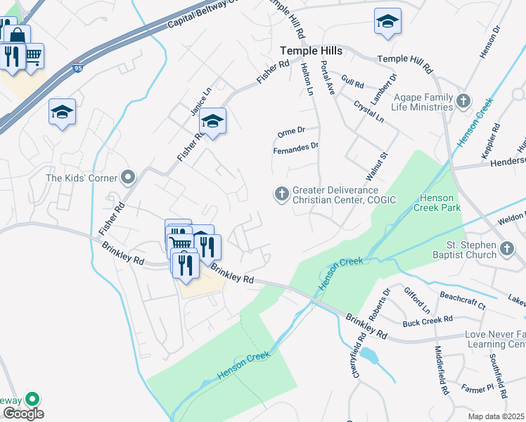 map of restaurants, bars, coffee shops, grocery stores, and more near 3436 Brinkley Road in Temple Hills