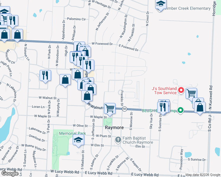 map of restaurants, bars, coffee shops, grocery stores, and more near 213 North Pointe Lane in Raymore