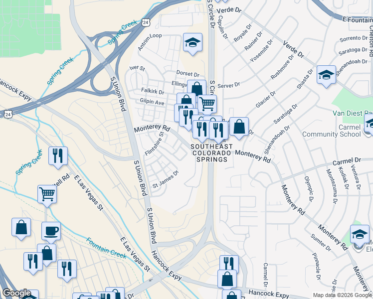 map of restaurants, bars, coffee shops, grocery stores, and more near 1663 Monterey Road in Colorado Springs