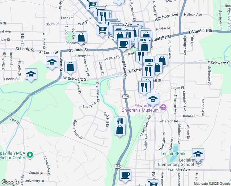 map of restaurants, bars, coffee shops, grocery stores, and more near 307 West Linden Street in Edwardsville